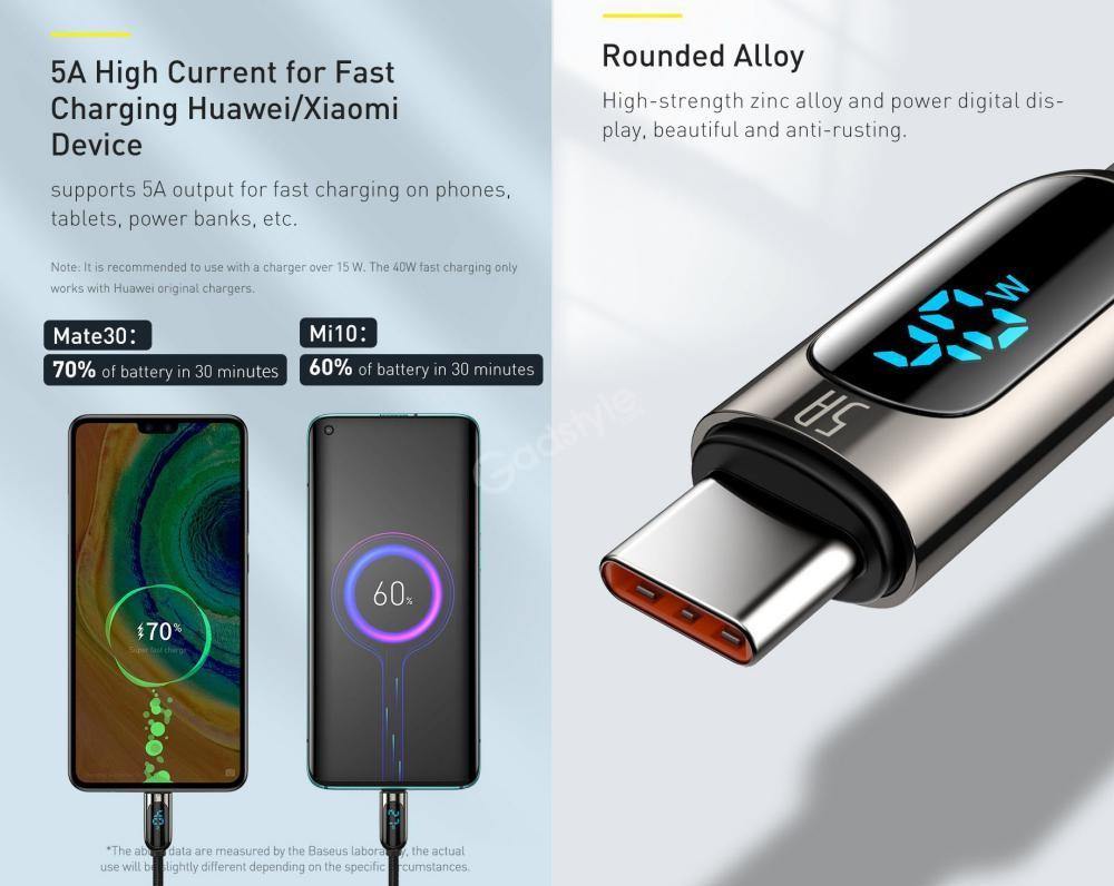 Baseus LED Display 5A Fast Charging USB Type C Cable - Mainz Empire Pte Ltd