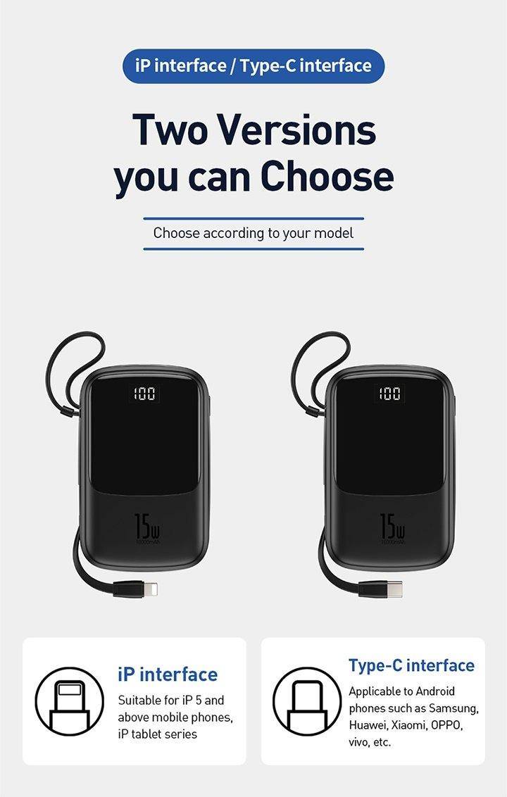 Baseus 10000mAh 3A Fast Charging Dual Output with LED Display n Built in Cable Power Bank - Mainz Empire Pte Ltd